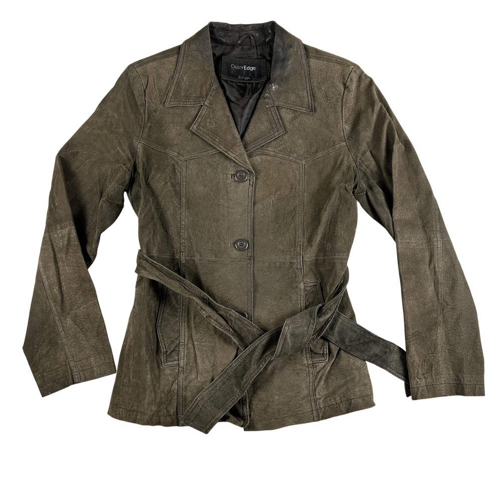 Vintage Outer Edge Coat Womens Large Brown Leather Belted Lined Mid Length‎